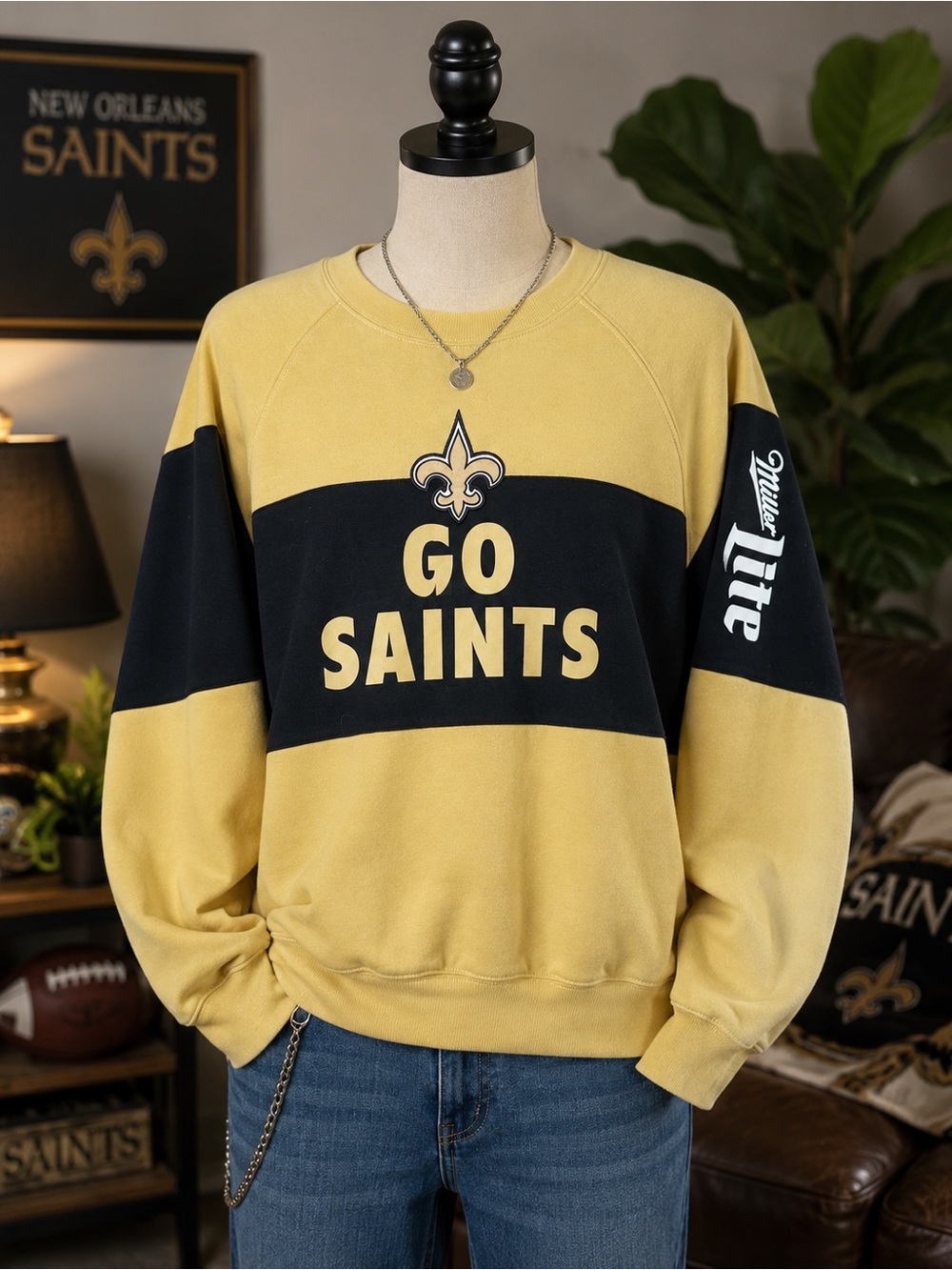 New Orleans Saints Miller Lite Crewneck Sweatshirt 2XL Black Gold NFL Pullover